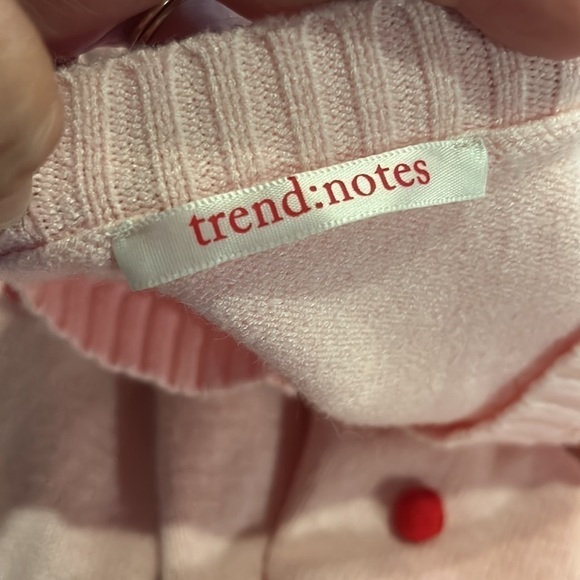 Pink V Neck Sweater With Puff Sleeves and Red Pom Poms - Picture 7 of 11